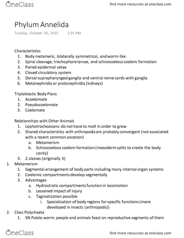 BZ 110 Lecture Notes - Lecture 1: Anticoagulant, Glycogen, Clitellum thumbnail