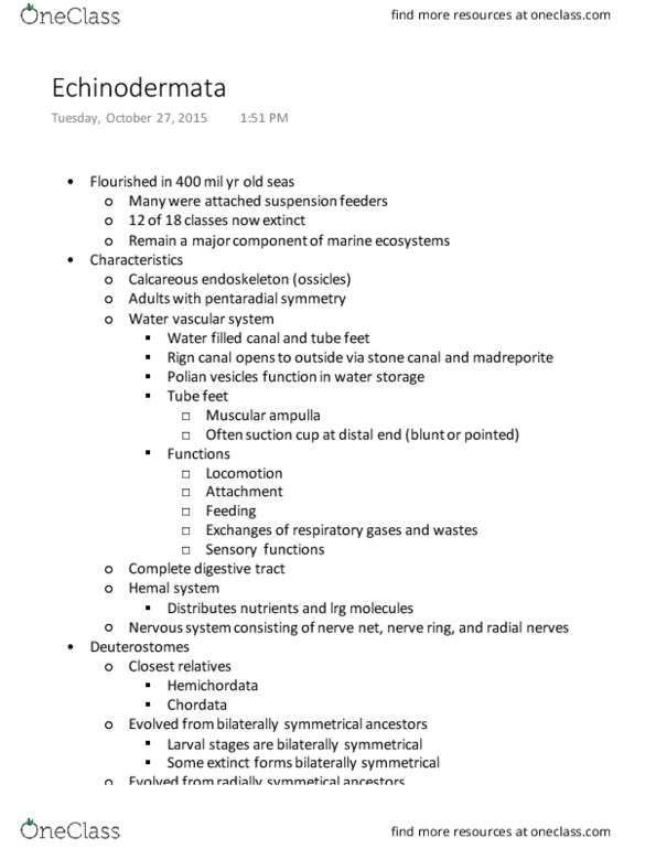 BZ 110 Lecture Notes - Lecture 5: Gonopore, Sea Cucumber, Body Cavity thumbnail