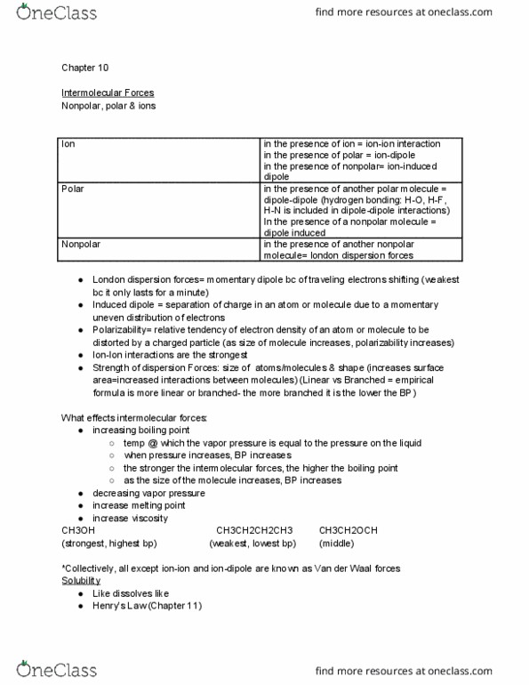 CHEM 108 Lecture Notes - Lecture 10: Van Der Waals Force, Boiling Point, Viscosity thumbnail