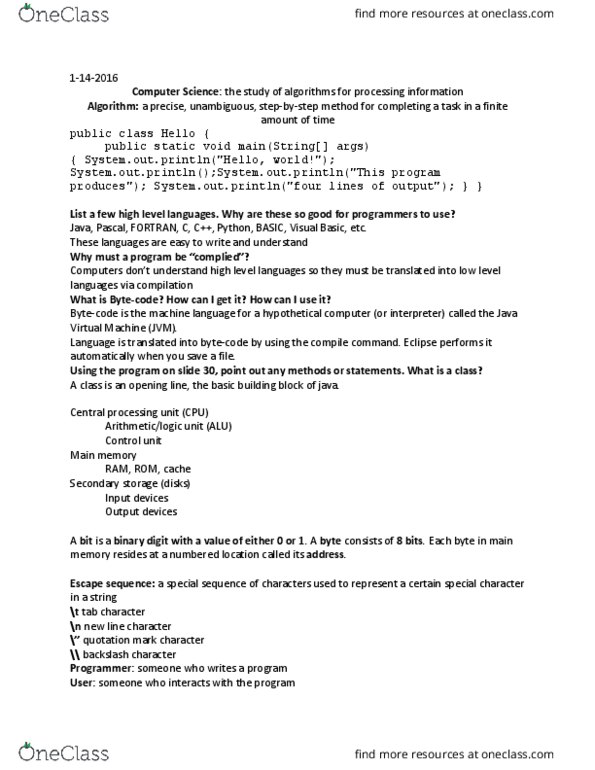 CS-1101 Lecture Notes - Lecture 1: Operand, Semicolon, Central Processing Unit thumbnail