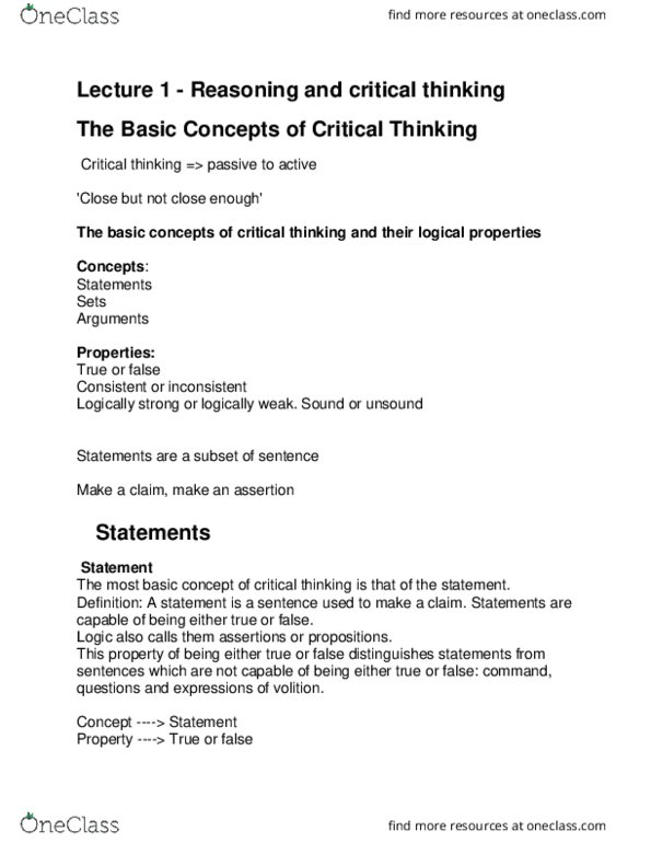 PHI 1101 Lecture Notes - Lecture 1: Critical Thinking thumbnail