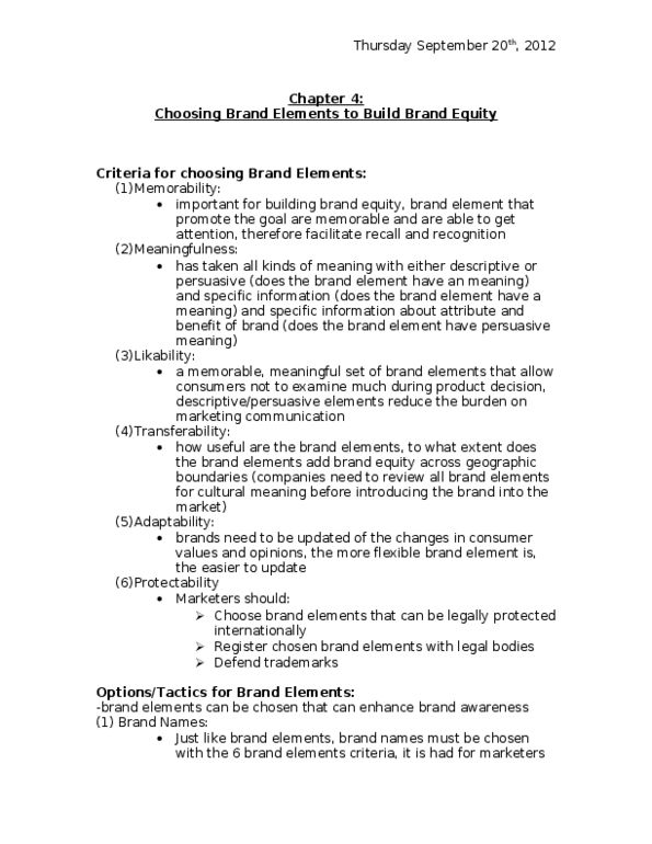 MKT 510 Chapter Notes - Chapter 4: Brand Equity thumbnail