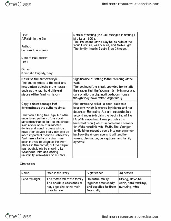 ENGLISH 117 Lecture Notes - Lecture 8: White Supremacy, Lorraine Hansberry, Doily thumbnail