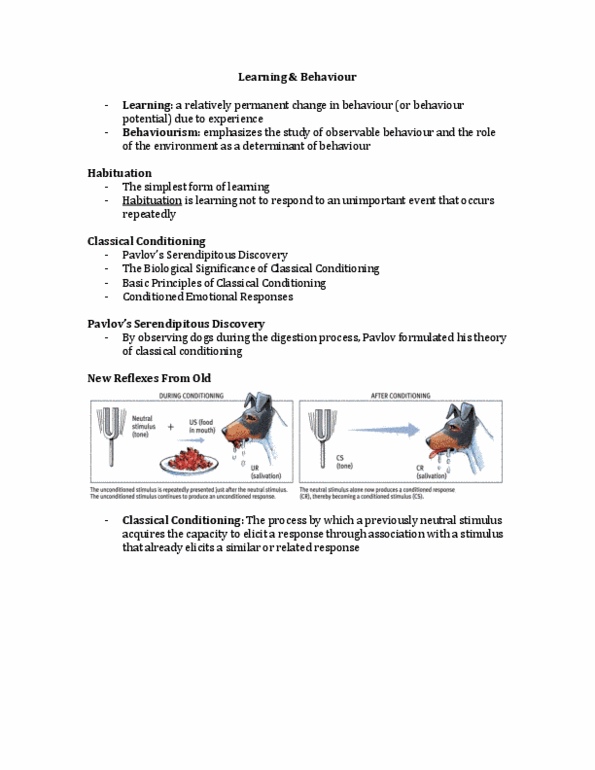 PSY 1101 Lecture Notes - Classical Conditioning, Dog Food, Little Albert Experiment thumbnail