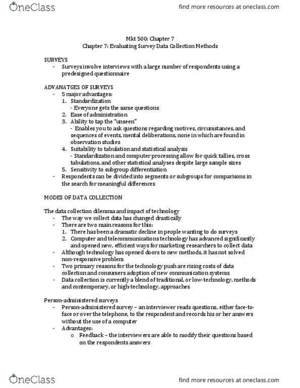 MKT 500 Lecture Notes - Lecture 7: Computer-Assisted Telephone Interviewing, Mode Choice, Survey Data Collection thumbnail