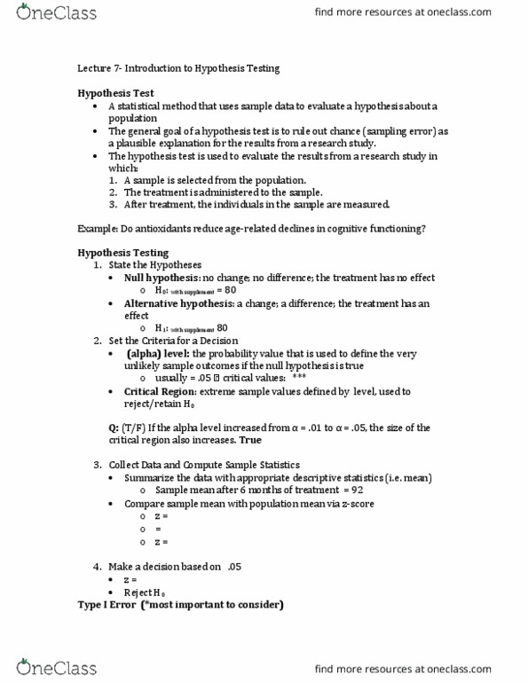 PSYCH 100A Lecture Notes - Lecture 7: Type I And Type Ii Errors, Null Hypothesis, Statistical Hypothesis Testing thumbnail