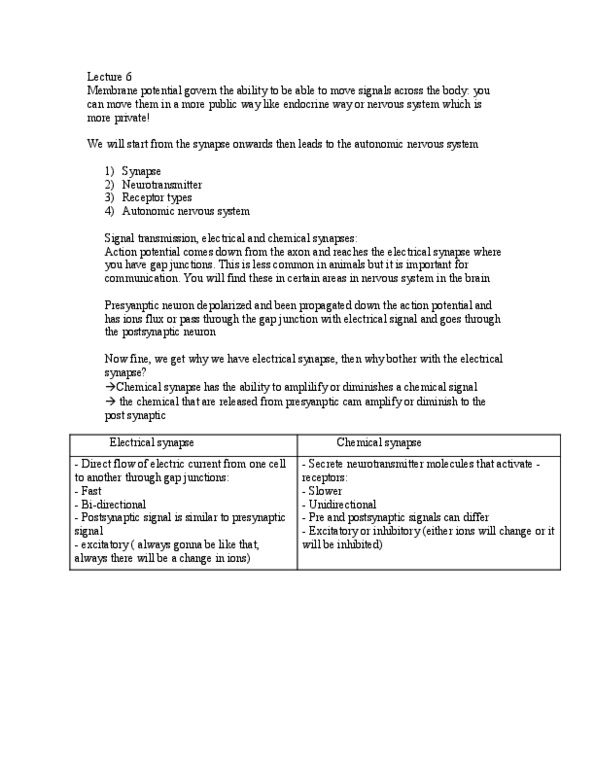 HMB201H1 Lecture Notes - Lecture 6: Electrical Synapse, Autonomic Nervous System, Gap Junction thumbnail