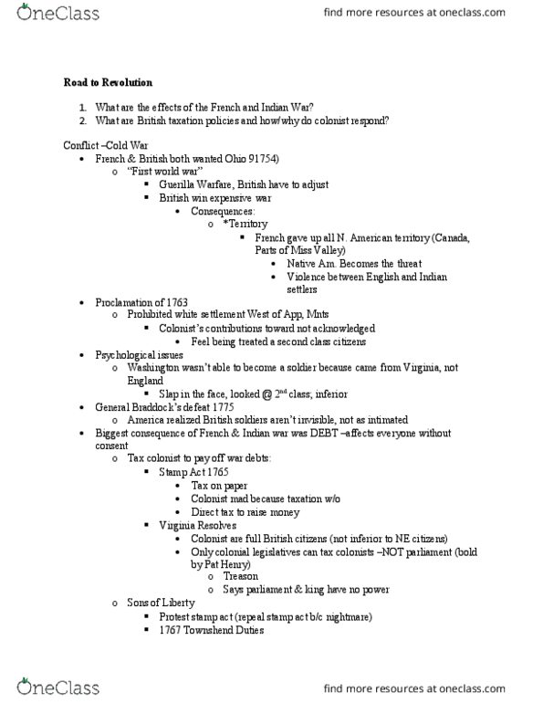 HIST 2110 Lecture Notes - Lecture 4: Tyrant, Continental Congress, French And Indian War thumbnail