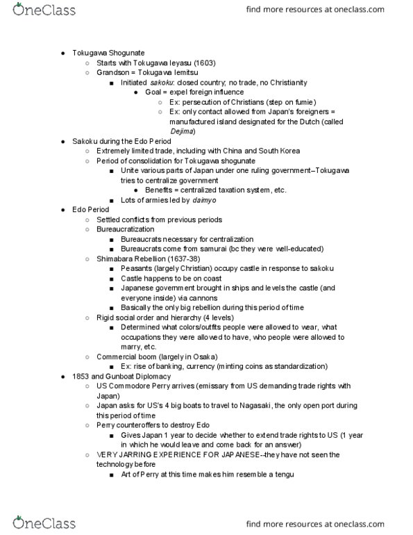 POLI 133G Lecture Notes - Lecture 1: Emperor Meiji, Meiji Restoration, Tokugawa Shogunate thumbnail