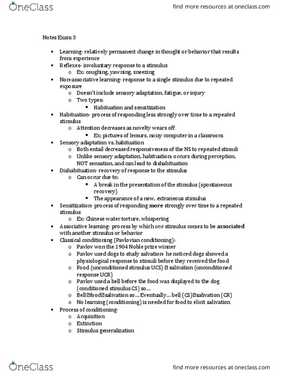 PSY-2012 Lecture Notes - Lecture 11: Chinese Water Torture, Cognitive Map, Dishabituation thumbnail