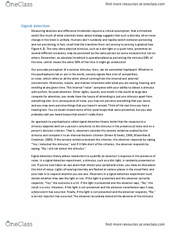 PSYA01H3 Chapter Notes - Chapter 4: Detection Theory, Absolute Threshold, Hearing Test thumbnail