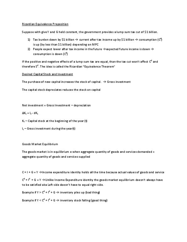 Economics 2152A/B Lecture Notes - Ricardian Equivalence, Economic Equilibrium, Shortage thumbnail