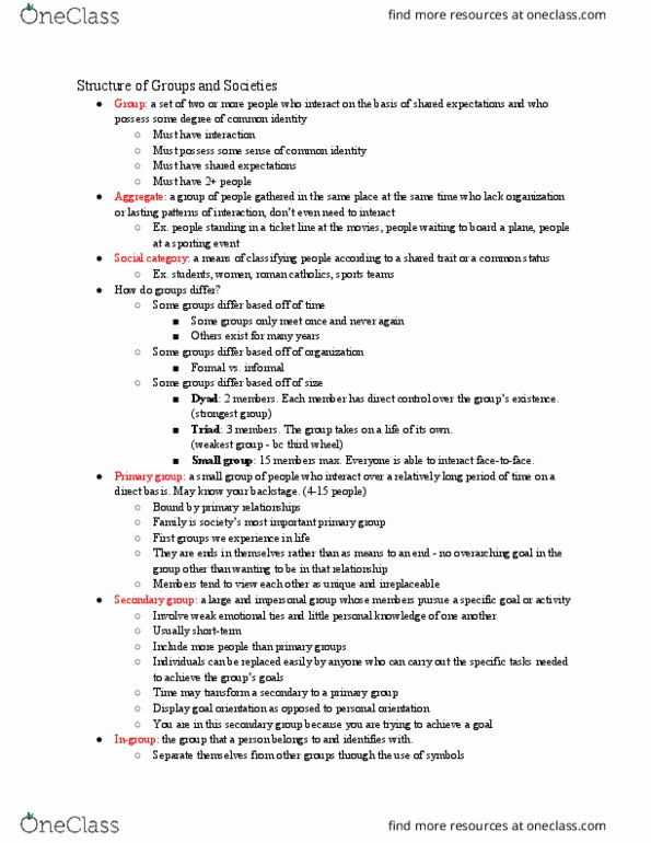 SOCIOL 1101 Lecture Notes - Lecture 12: Ingroups And Outgroups, Achievement Orientation, Groupthink thumbnail