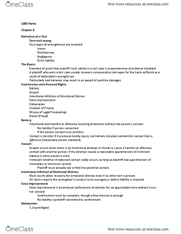 BUS-L - Business BUS-L 203 Lecture Notes - Lecture 6: Actual Malice, False Imprisonment, Punitive Damages thumbnail