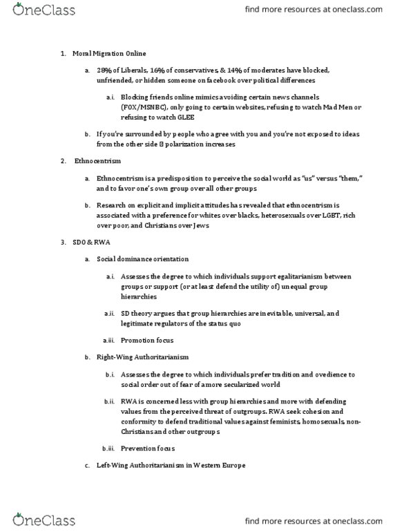 PSYC 6 Lecture Notes - Lecture 15: Social Dominance Orientation, Ethnocentrism, Unfriended thumbnail