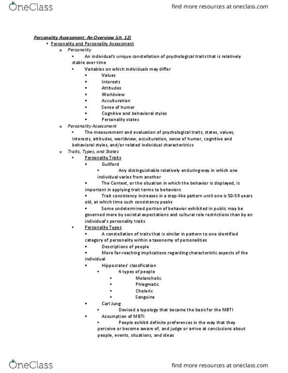 PSYC 385 Chapter Notes - Chapter 12-15: Criterion Validity, Validity Scale, Trait Theory thumbnail