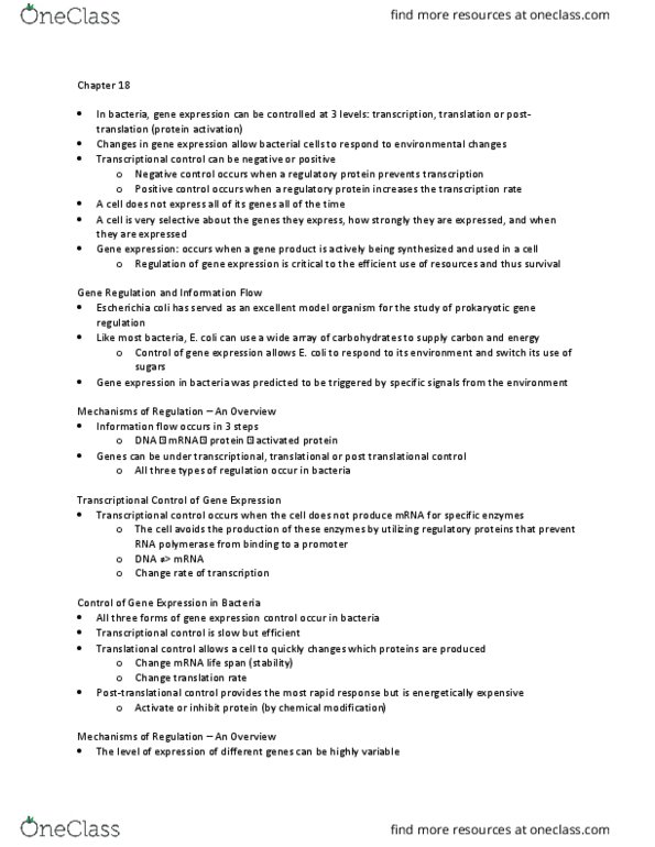 BIOL 1107 Chapter Notes - Chapter 18: Membrane Transport Protein, Galactoside, Permease thumbnail