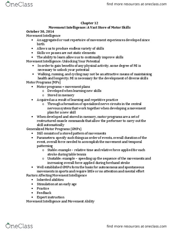 KNES 200 Chapter Notes - Chapter 12: Mental Chronometry, Subroutine, Jerky thumbnail