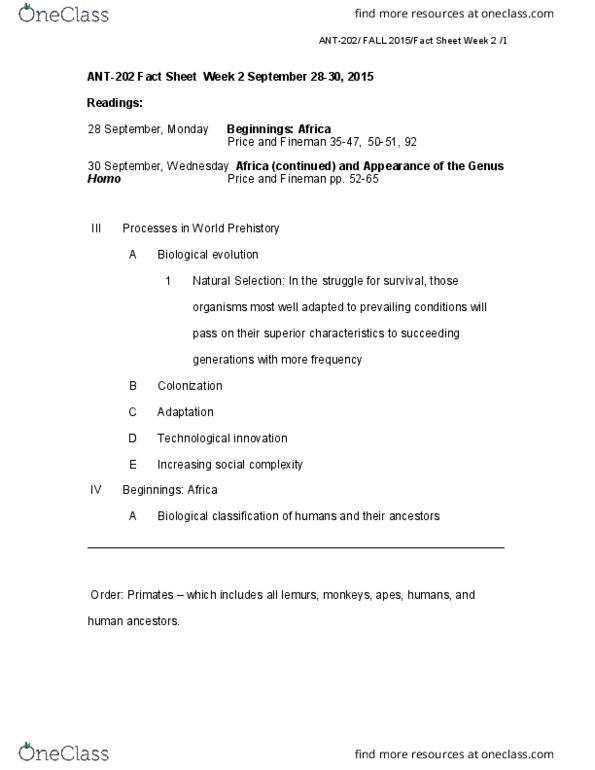 ANT 202 Lecture Notes - Lecture 2: Sahelanthropus, Tugen Hills, Donald Johanson thumbnail