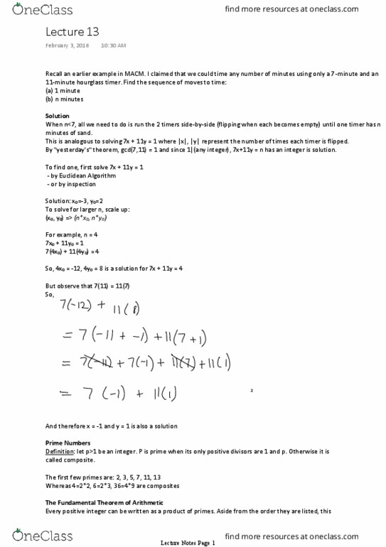 MACM 101 Lecture Notes - Lecture 13: Euclidean Algorithm, Division Algorithm thumbnail