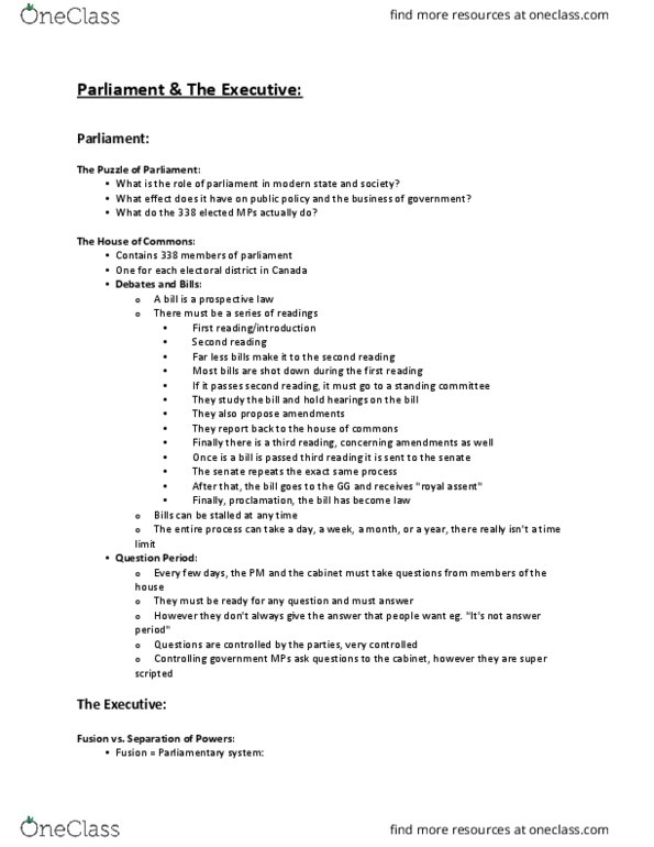 PSCI 2003 Lecture Notes - Lecture 8: Royal Assent, Parliamentary System thumbnail