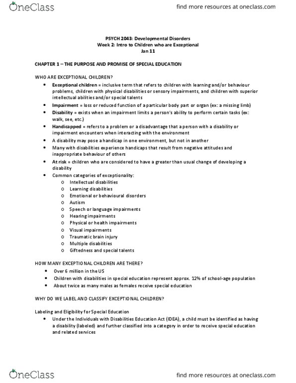 Psychology 2043A/B Lecture Notes - Lecture 2: Individuals With Disabilities Education Act, Least Restrictive Environment, Intellectual Disability thumbnail