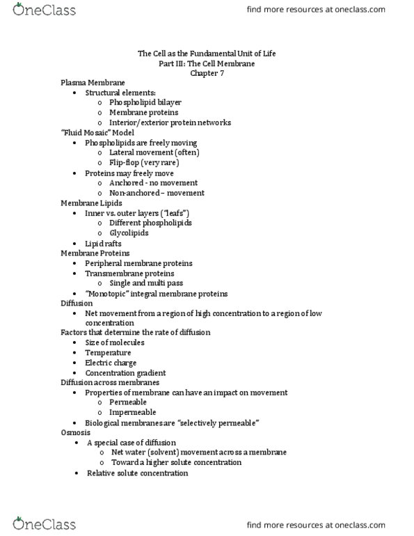 BSCI 105 Lecture Notes - Lecture 7: Peripheral Membrane Protein, Lipid Raft, Lipid Bilayer thumbnail