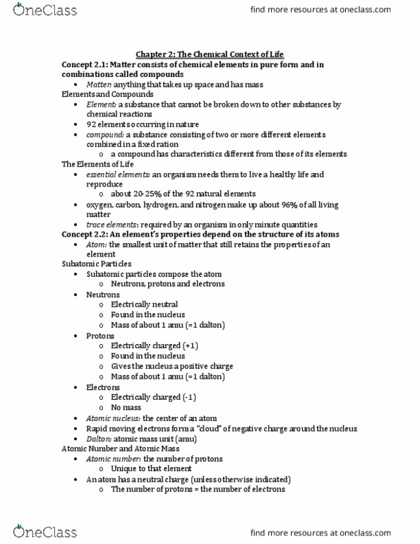 BSCI 105 Chapter Notes - Chapter 2: Radionuclide, Atomic Nucleus, Atomic Mass thumbnail