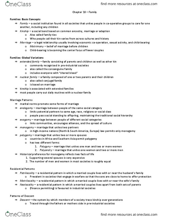 Sociology 1020 Lecture Notes - Lecture 18: Bilateral Descent, Nuclear Family, Patrilineality thumbnail