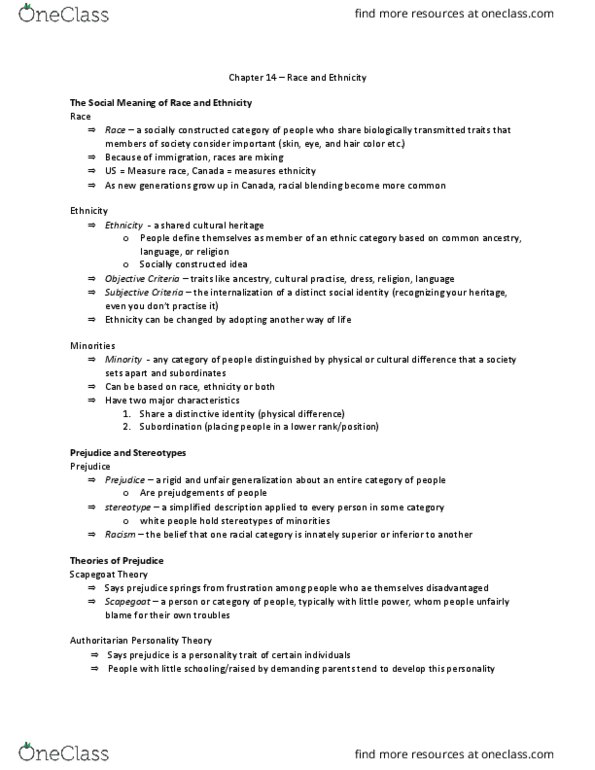 Sociology 1020 Lecture Notes - Lecture 14: Trait Theory, Miscegenation, Permanent Residency In Canada thumbnail