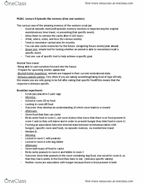 PS261 Lecture Notes - Lecture 9: Aphelocoma, Circadian Clock, Episodic Memory thumbnail