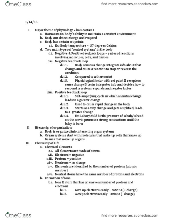 BIOL 141 Lecture Notes - Lecture 1: Texas State Highway Loop 1, Negative Feedback, Atomic Number thumbnail