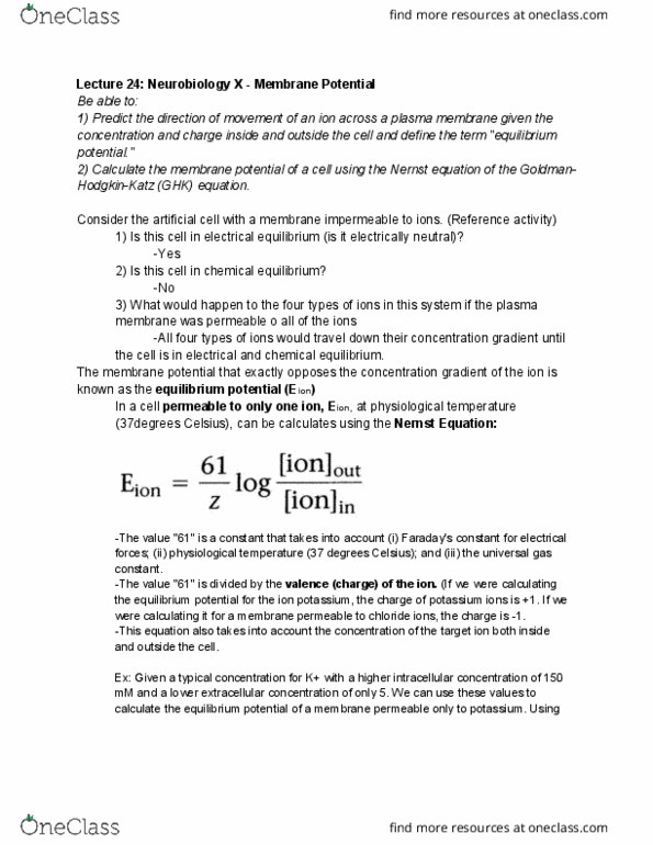 BIOL 336 Lecture Notes - Lecture 24: Gas Constant, Nernst Equation, Membrane Potential thumbnail