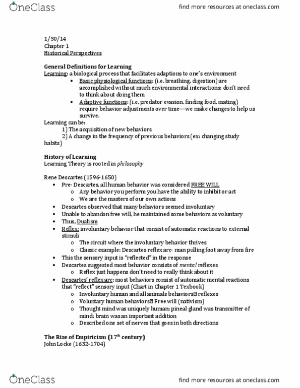 PSYC 356 Lecture Notes - Lecture 1: Reflex Arc, Pineal Gland, Reflexology thumbnail