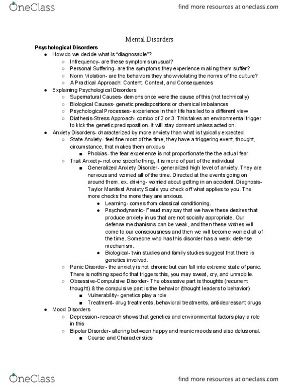 PSY 100 Lecture Notes - Lecture 10: Generalized Anxiety Disorder, Panic Disorder, Bipolar Disorder thumbnail