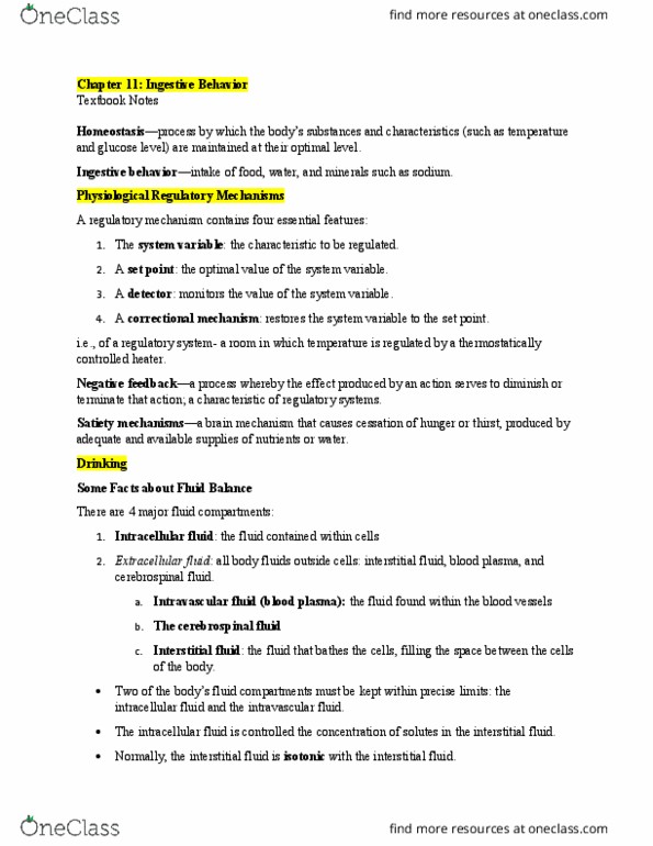 PSYC 362 Chapter Notes - Chapter 11: Adipose Tissue, Fluid Compartments, Blood Sugar thumbnail