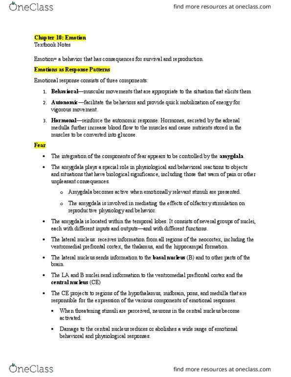 PSYC 362 Chapter Notes - Chapter 10: Ventromedial Prefrontal Cortex, Adrenal Medulla, Amygdala thumbnail