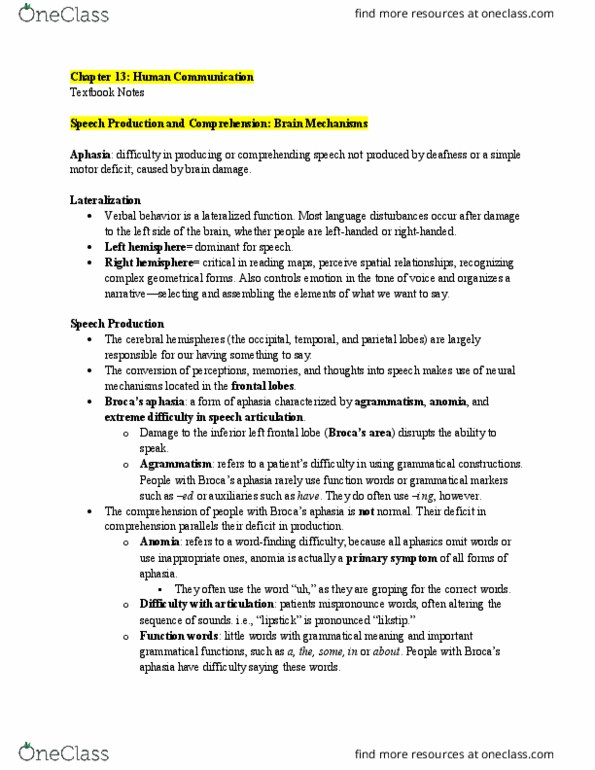 PSYC 362 Chapter Notes - Chapter 13: Transcortical Sensory Aphasia, Anomic Aphasia, Conduction Aphasia thumbnail