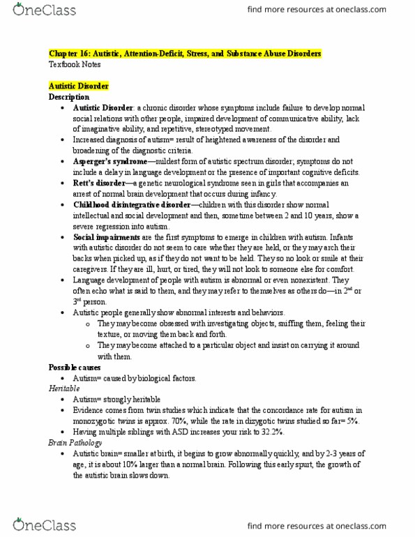 PSYC 362 Chapter Notes - Chapter 16: Autism Spectrum, Superior Temporal Sulcus, Prefrontal Cortex thumbnail