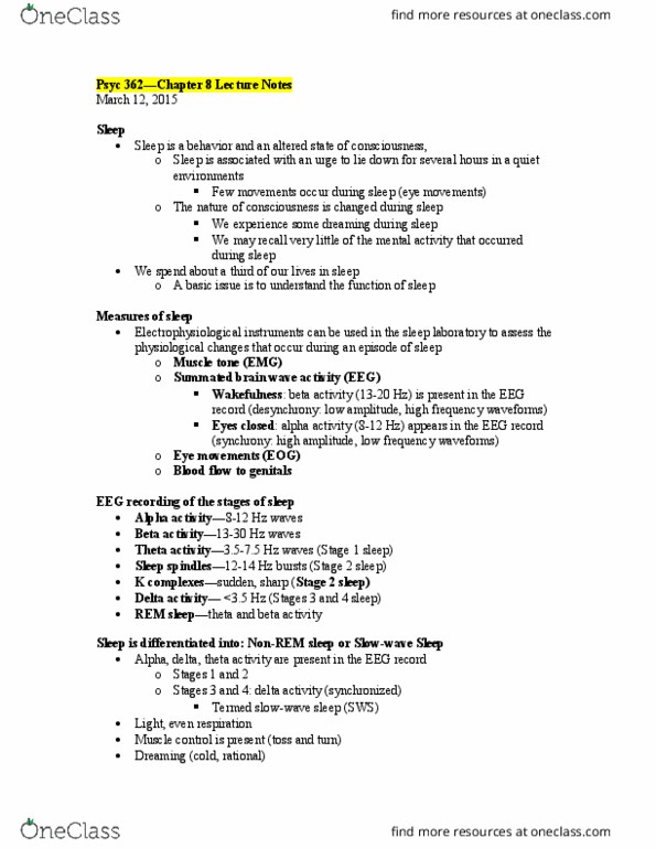 PSYC 362 Lecture Notes - Lecture 8: Slow-Wave Sleep, Sleep Paralysis, Fatal Familial Insomnia thumbnail