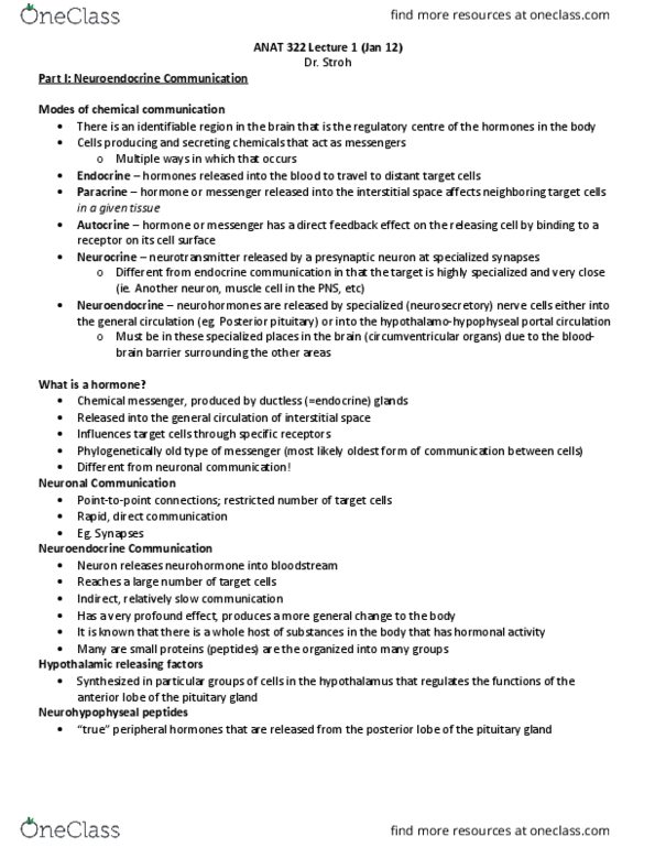 ANAT 322 Lecture Notes - Lecture 1: Posterior Pituitary, Signal Peptide, Portal Venous System thumbnail