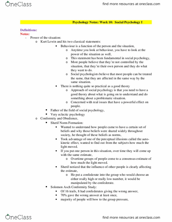 PSYCH101 Lecture Notes - Lecture 10: Kurt Lewin, Solomon Asch, Stanley Milgram thumbnail