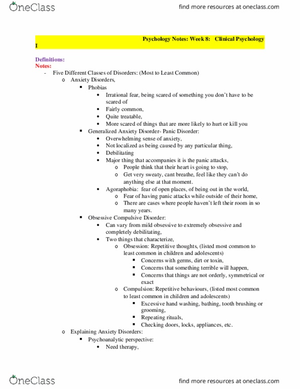PSYCH101 Lecture Notes - Lecture 8: Obsessive–Compulsive Disorder, Generalized Anxiety Disorder, Bipolar Disorder thumbnail