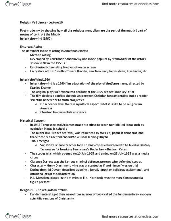 RLG332H5 Lecture Notes - Lecture 10: William Jennings Bryan, Clarence Darrow, Stanley Kramer thumbnail