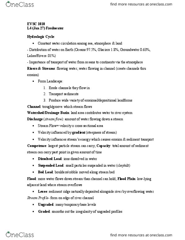 EVSC 1010 Lecture Notes - Lecture 4: Sediment Transport, Flow Velocity, Landform thumbnail