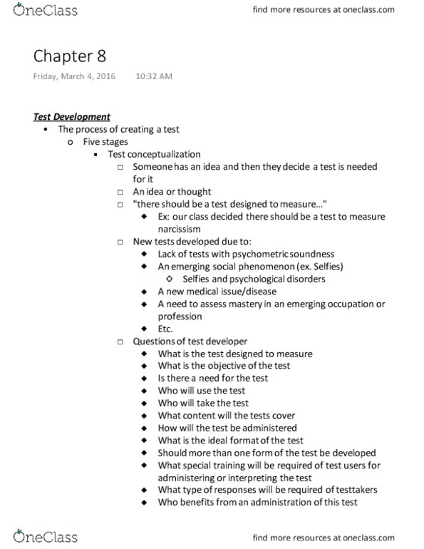 PSYC 385 Chapter Notes - Chapter 8: Guttman Scale, Content Validity, Item Number thumbnail