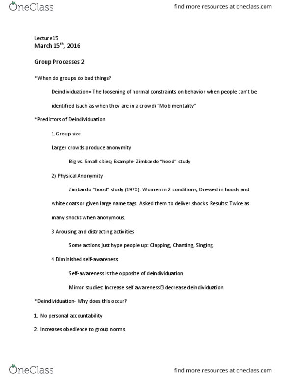 PSCH 312 Lecture Notes - Lecture 15: Deindividuation, Communication Problems, Group Cohesiveness thumbnail