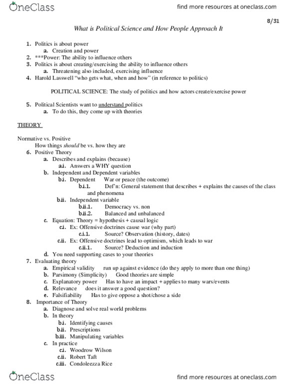 POLS 10202 Lecture Notes - Lecture 1: Harold Lasswell, Dependent And Independent Variables, Explanatory Power thumbnail