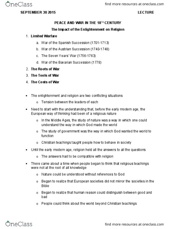 History 1401E Lecture Notes - Lecture 5: Antireligion, Age Of Enlightenment, The Roots thumbnail