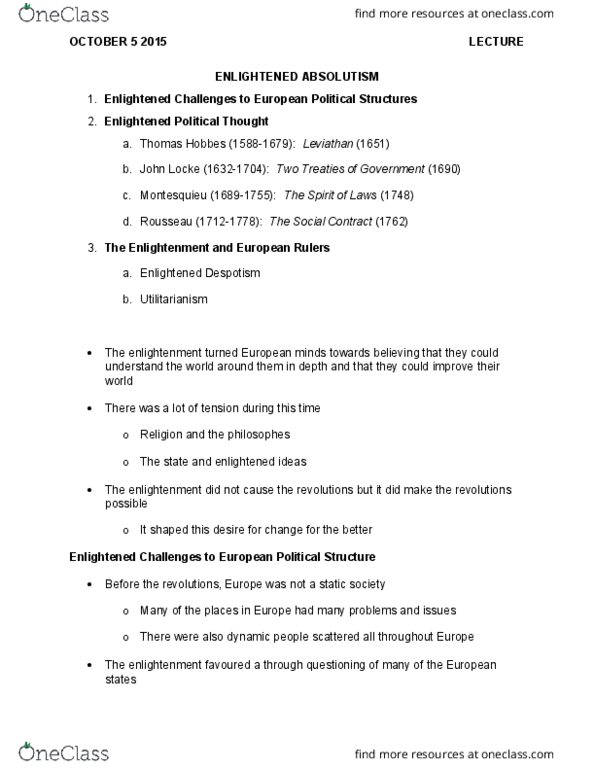 History 1401E Lecture Notes - Lecture 6: Treaties Of The European Union, Montesquieu, Age Of Enlightenment thumbnail